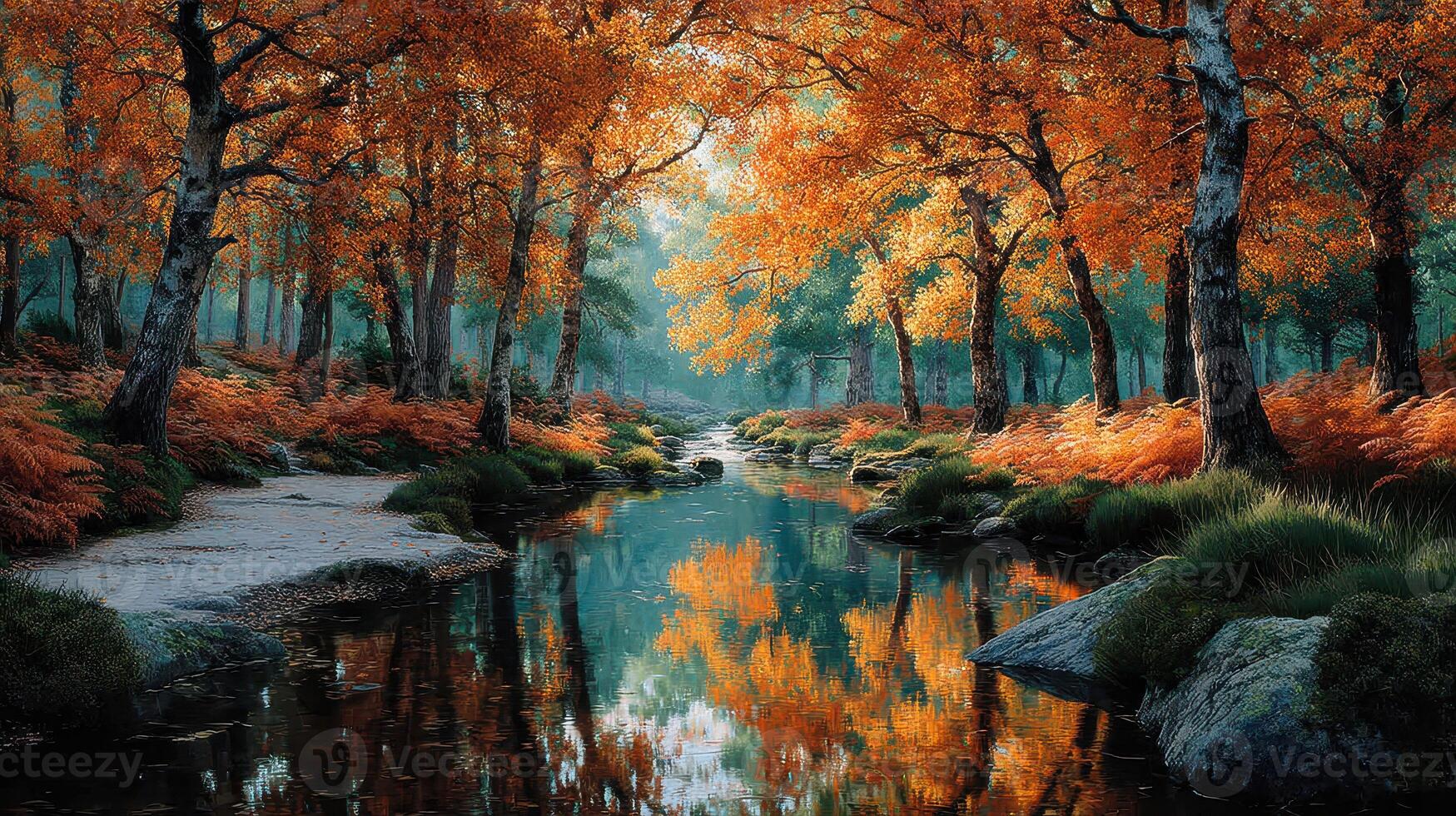 Autumn landscape with vibrant orange leaves and a serene stream in a tranquil forest photo