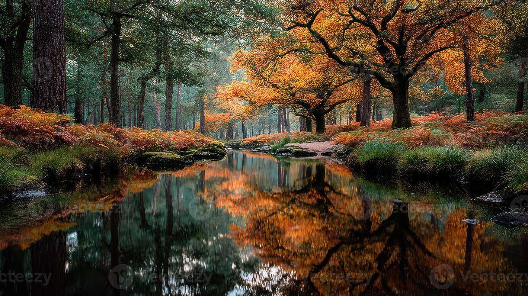 Autumn forest landscape with vibrant orange trees reflecting in calm creek waters photo