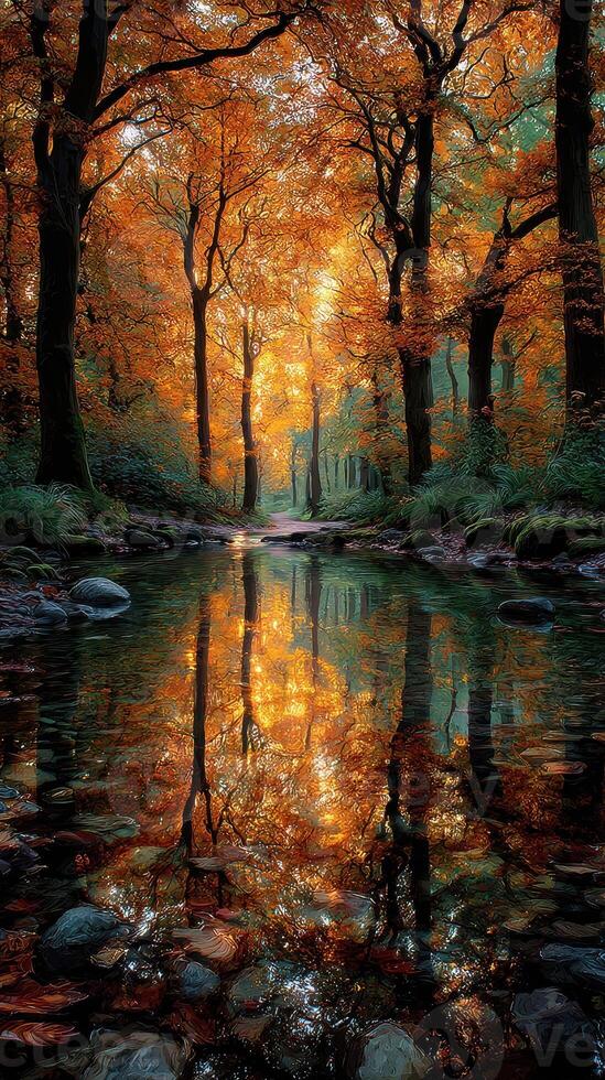 Autumn forest with vibrant orange leaves reflecting in a calm stream at midday photo