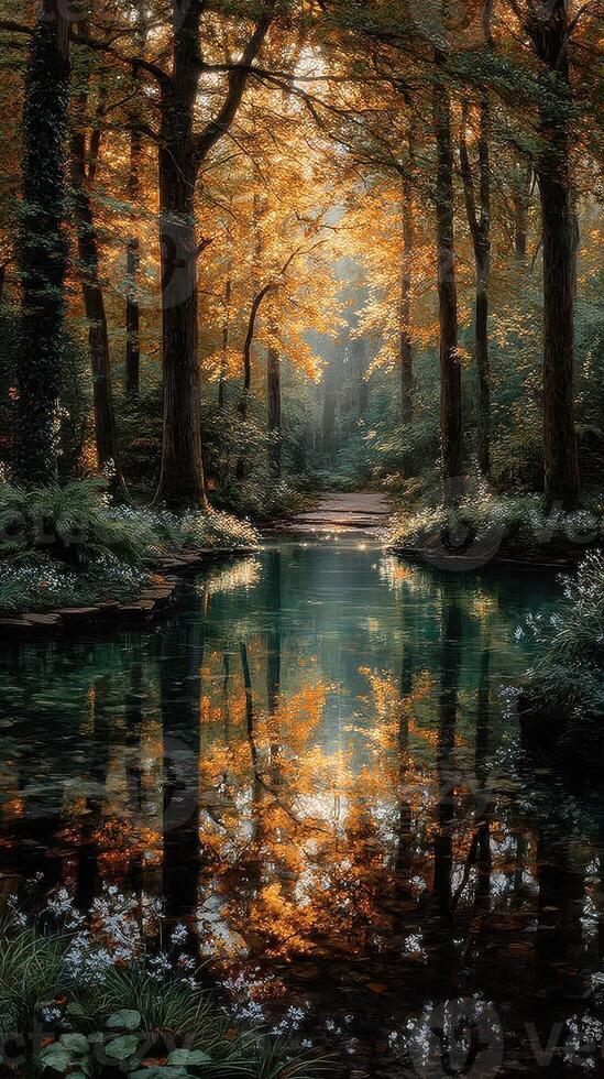 Tranquil autumn forest reflection in a calm stream with golden leaves and serene atmosphere photo