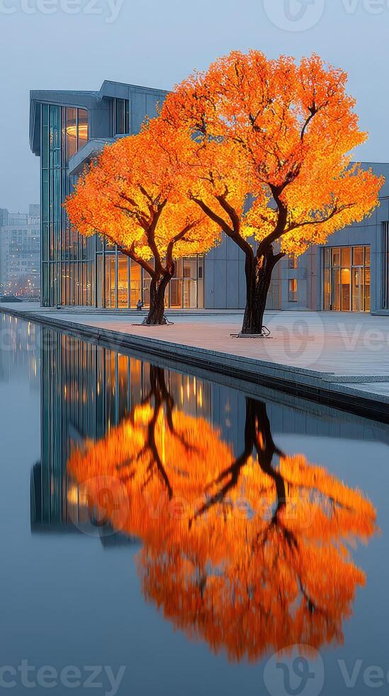 Majestic orange trees reflect in tranquil water next to a modern building during the early morning hours of autumn photo