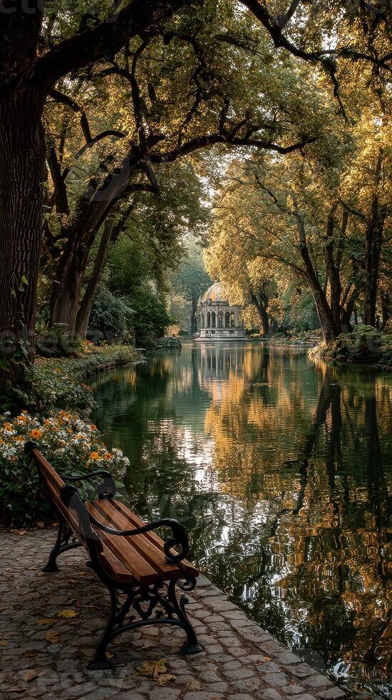 Serene autumn afternoon by tranquil lake with reflection of trees and gazebo in the park photo