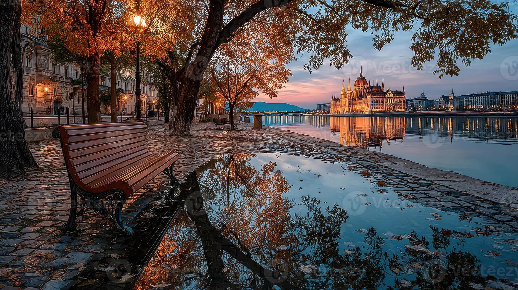 Autumn evening view of the Danube River with reflections and historic architecture in Budapest's skyline photo