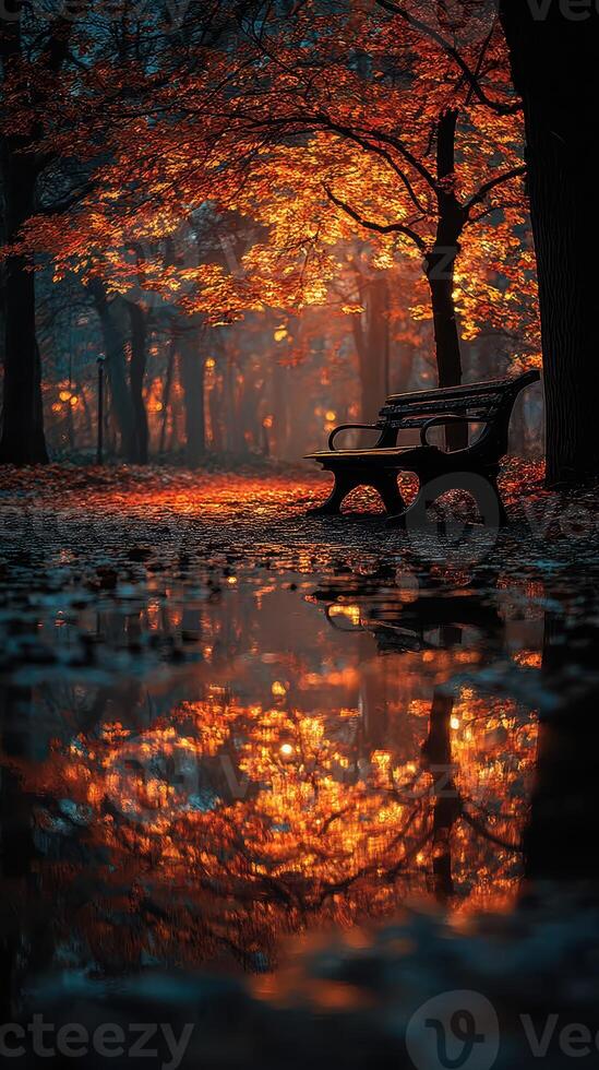 Autumn sunset in a peaceful park with vibrant foliage and still water reflections near the empty bench photo