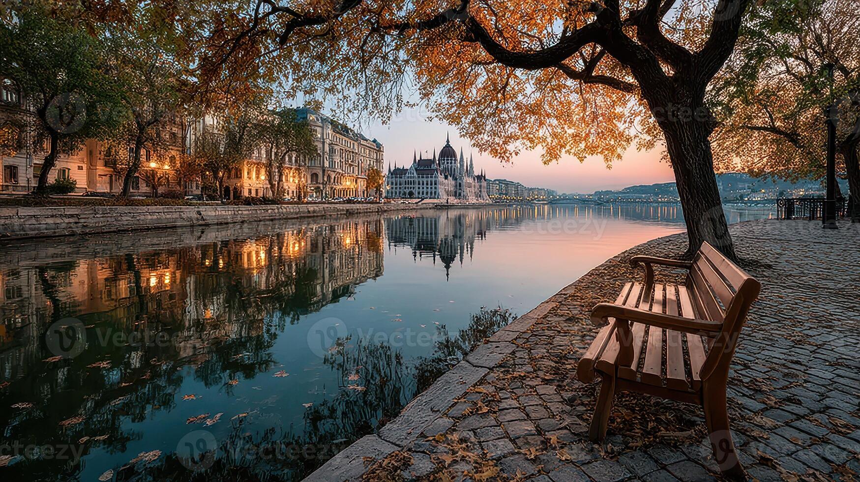 Beautiful autumn sunset by the river in Budapest with trees and historic buildings reflecting on the water photo