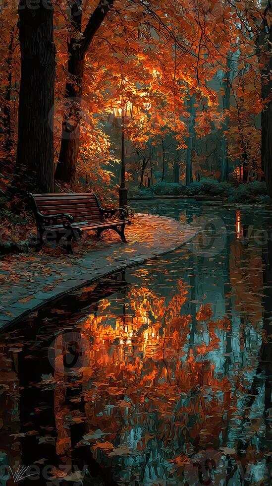 Vivid autumn colors reflecting on a tranquil park path near a peaceful waterway at dusk photo