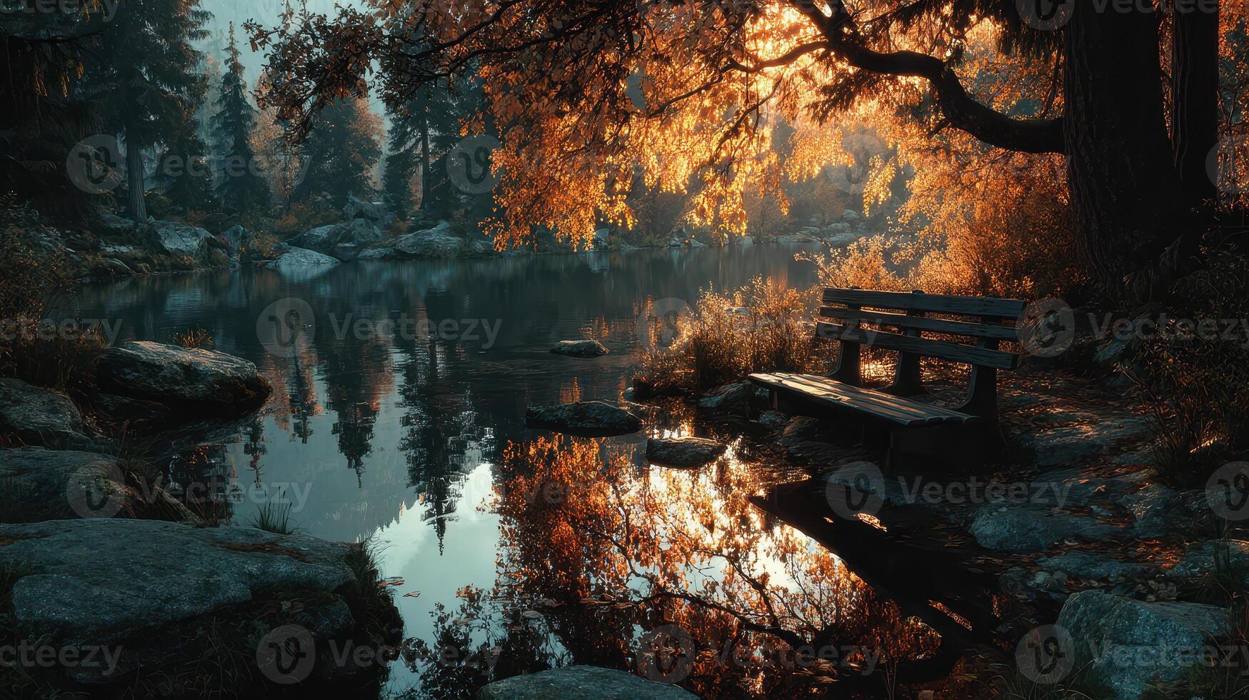 Autumn tranquility shines in a serene lakeside park at sunset with vibrant foliage reflections photo