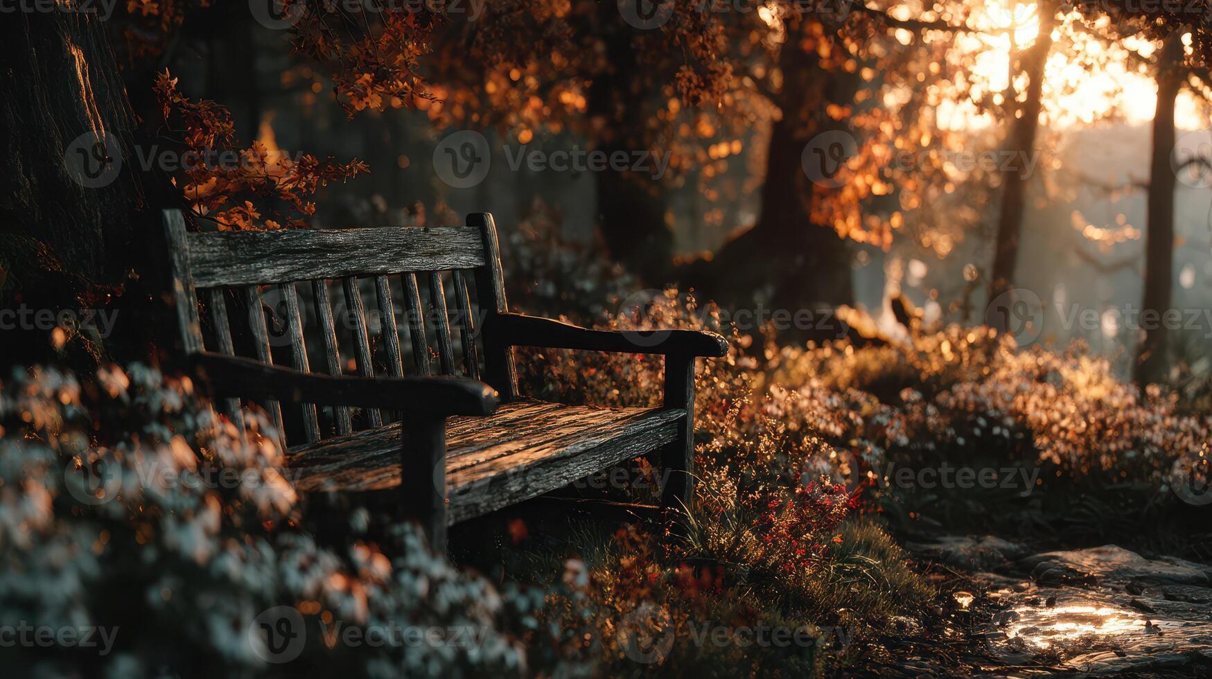 Serene wooden bench amidst blooming flowers in a tranquil forest at sunset photo