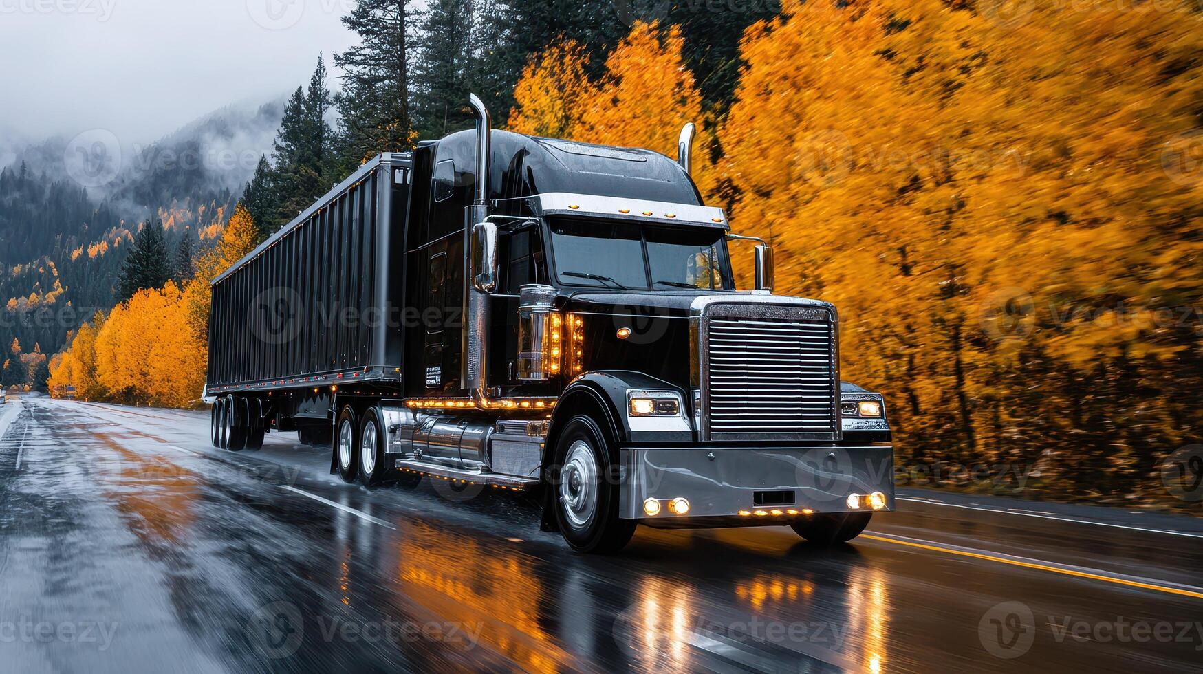 Black truck driving on a wet road surrounded by vibrant autumn trees in a scenic landscape photo