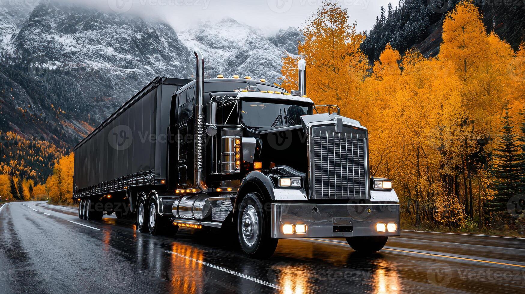 Black truck driving through autumn landscape with golden trees and mountains in the background photo