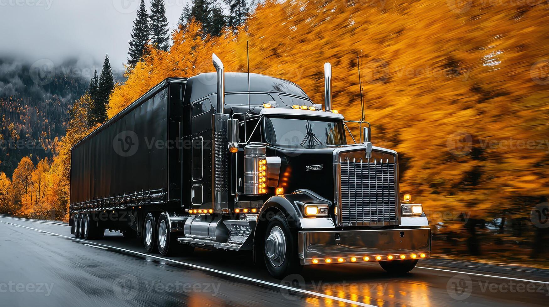 Black truck driving along a forest road surrounded by autumn trees in vibrant orange and yellow tones during overcast weather photo