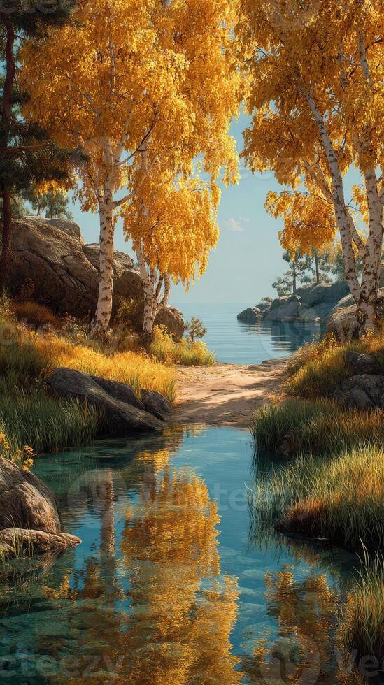 Serene autumn landscape with golden trees reflecting in calm water near a peaceful shore photo