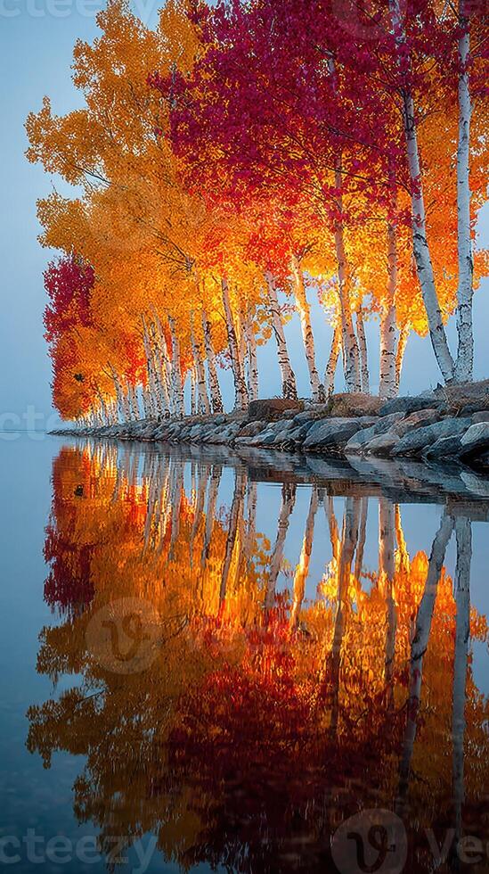 Vivid autumn colors reflected on calm water in a serene lakeside setting during the early morning hours photo