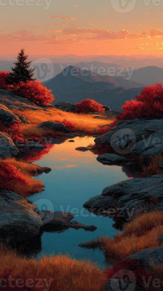 Autumn sunset over a tranquil mountain stream with vibrant foliage reflecting in clear water photo