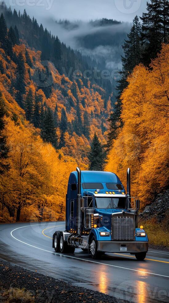 Truck driving through a winding road surrounded by vibrant autumn trees in a mountainous area photo