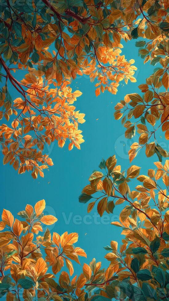 Vibrant autumn leaves frame a clear blue sky in a peaceful forest setting during a sunny afternoon photo