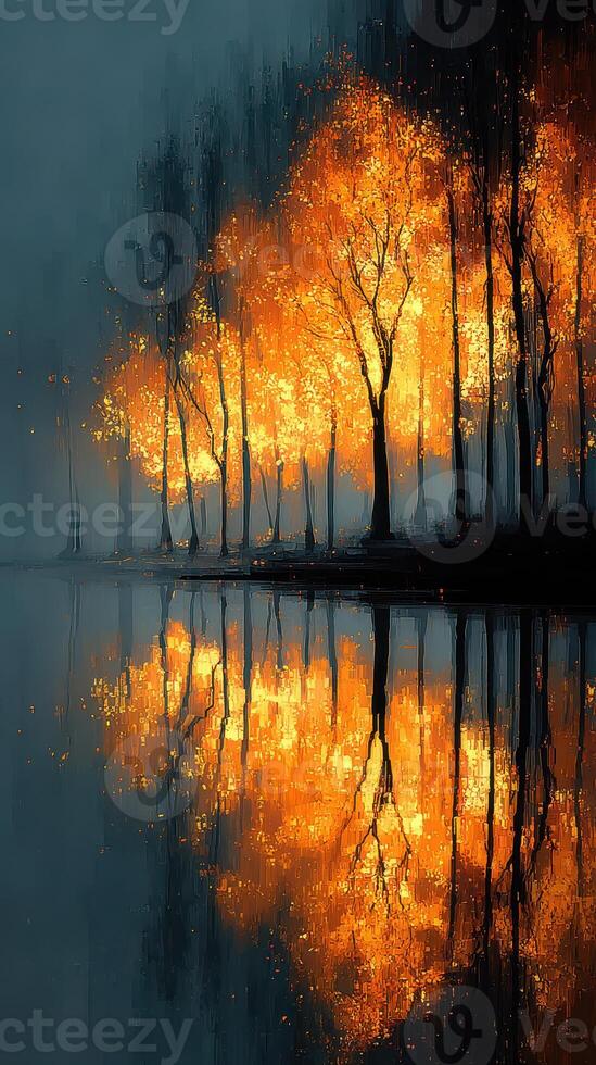 Vibrant autumn trees reflecting in a calm lake at dusk during the fall season photo