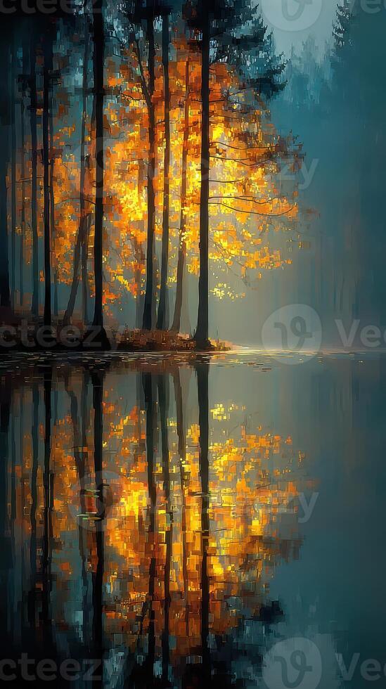 Vibrant autumn foliage reflected in calm lake waters at dawn in a serene forest environment photo