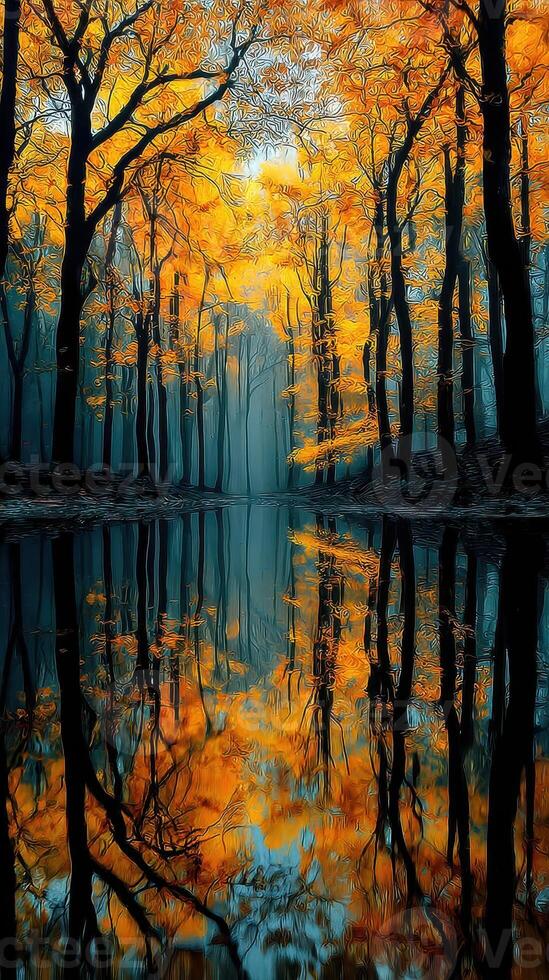 Vibrant autumn scene with golden leaves reflecting in still water at a serene forest location photo
