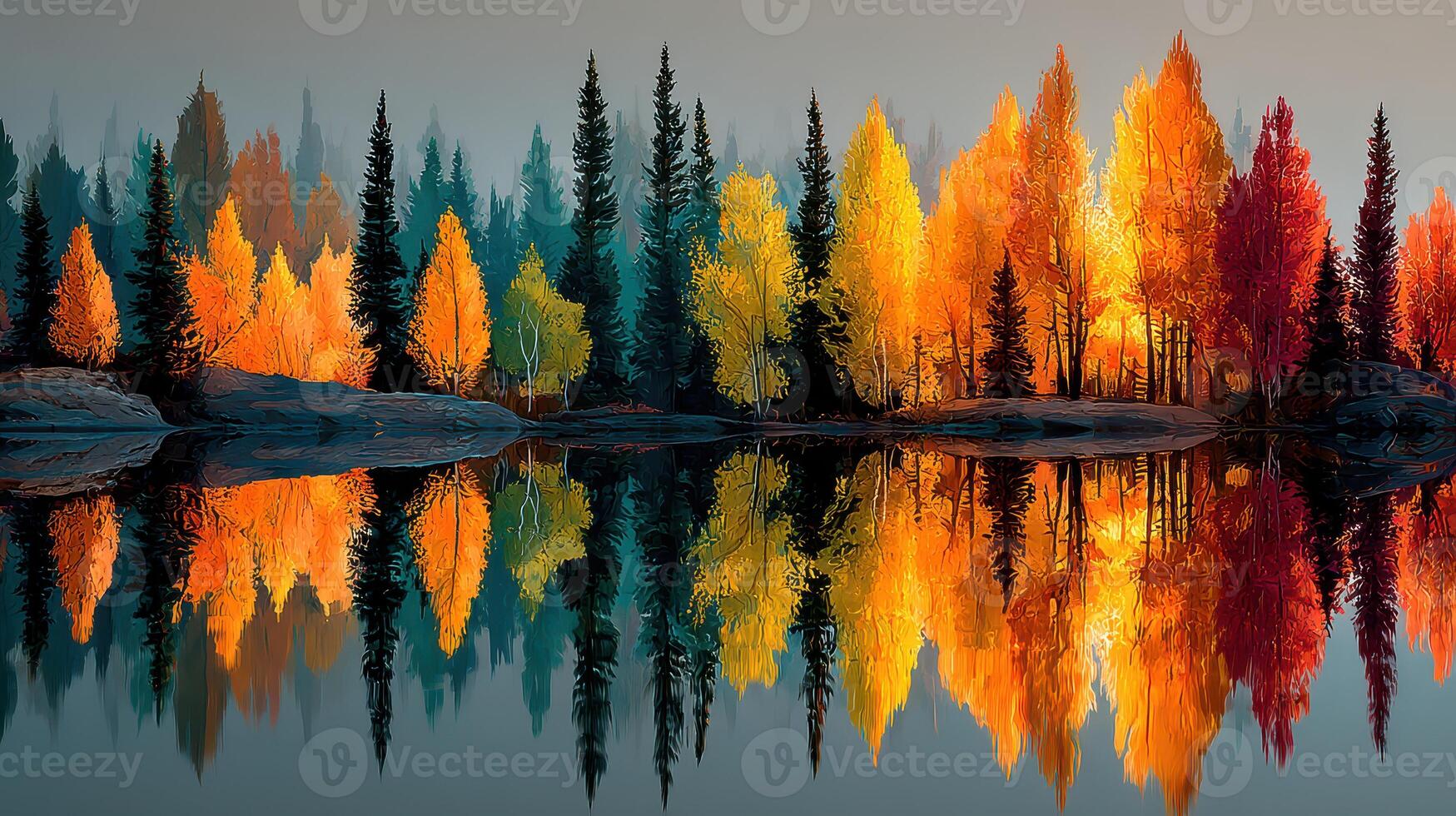 Autumn colors reflecting on a calm lake surrounded by trees in a picturesque natural setting photo
