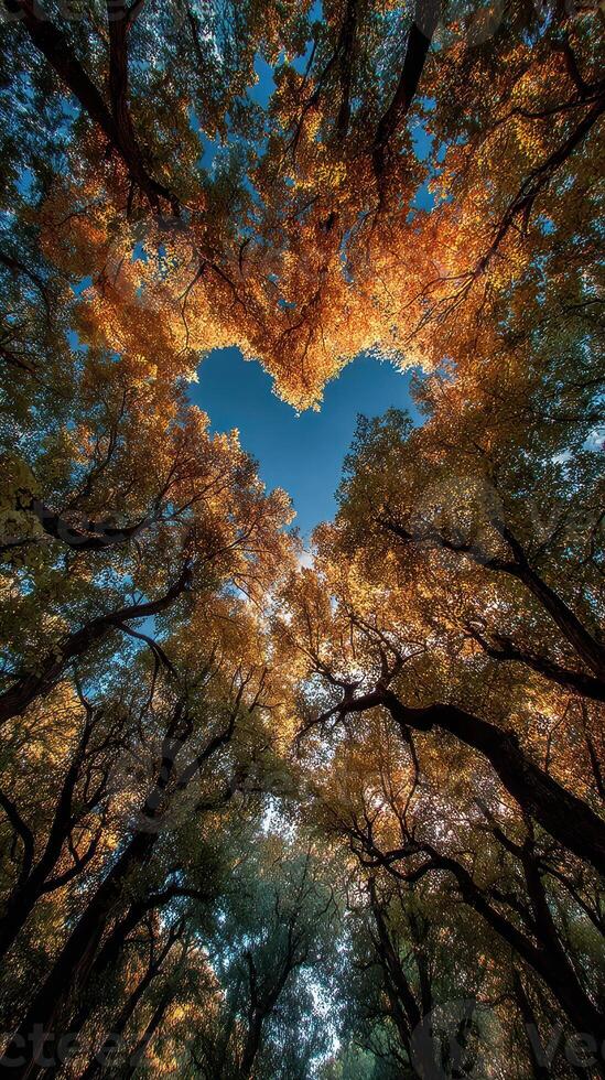 Heart-shaped canopy in autumn forest reveals vibrant foliage and clear blue sky during golden hour photo