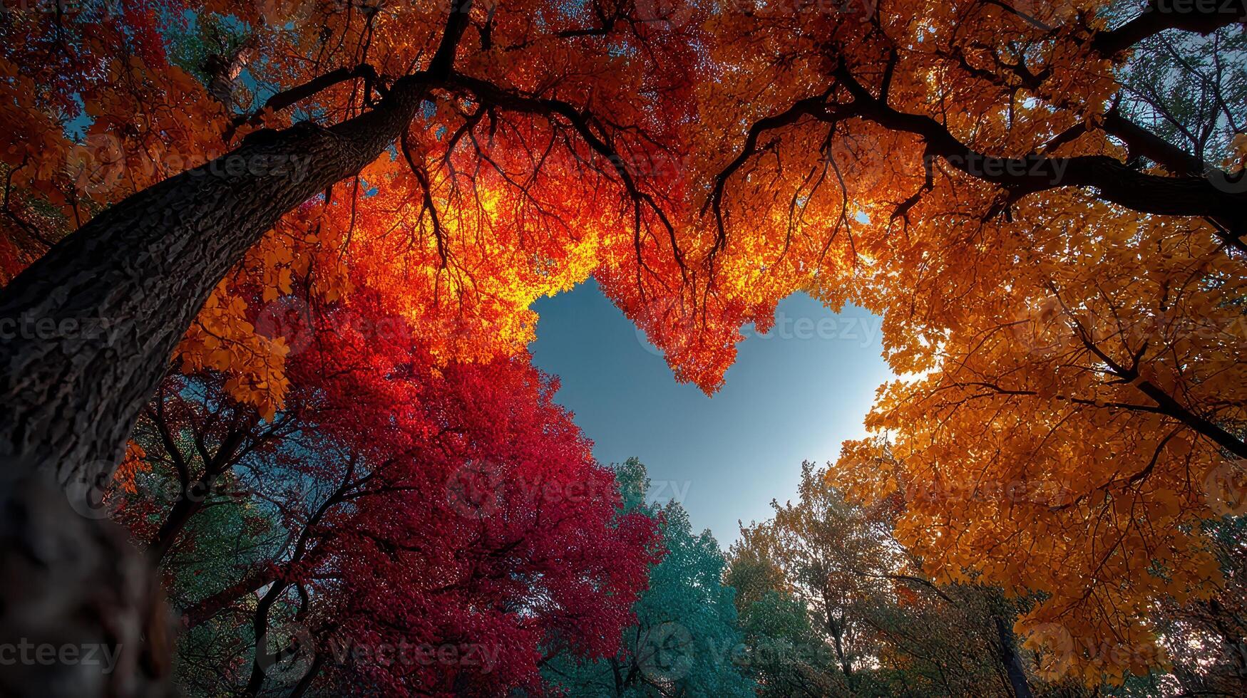 Colorful autumn foliage creates a vibrant canopy over the serene forest path in a picturesque setting during late afternoon photo