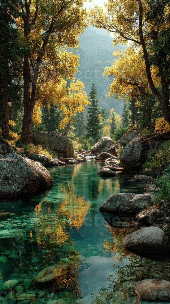 Autumn colors reflected in a tranquil river surrounded by vibrant trees and rocky shores in a serene forest setting photo