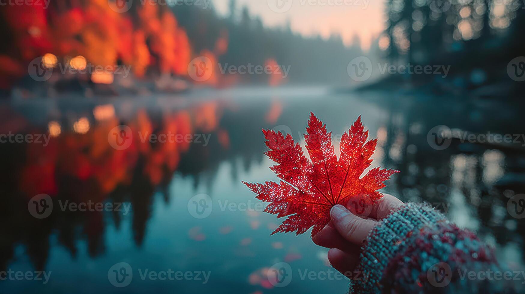Holding a vibrant red maple leaf by a serene lake at dawn surrounded by autumn colors photo