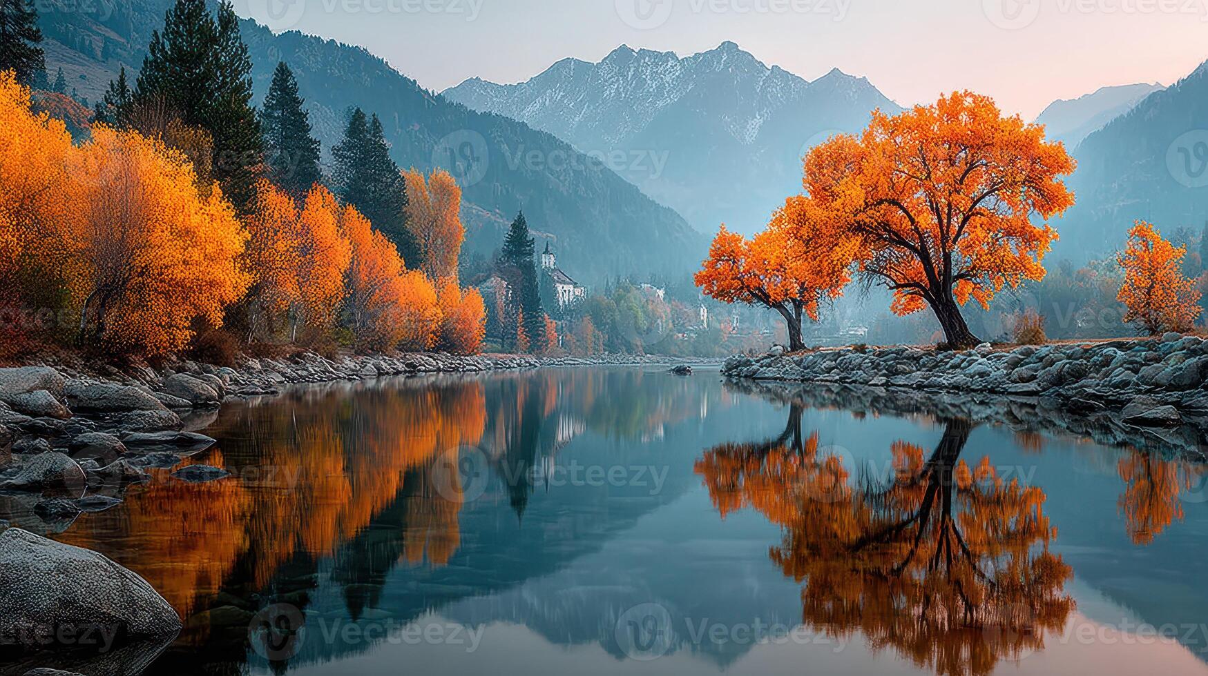 Beautiful autumn landscape with vibrant orange trees by a serene river at sunrise in the mountains photo