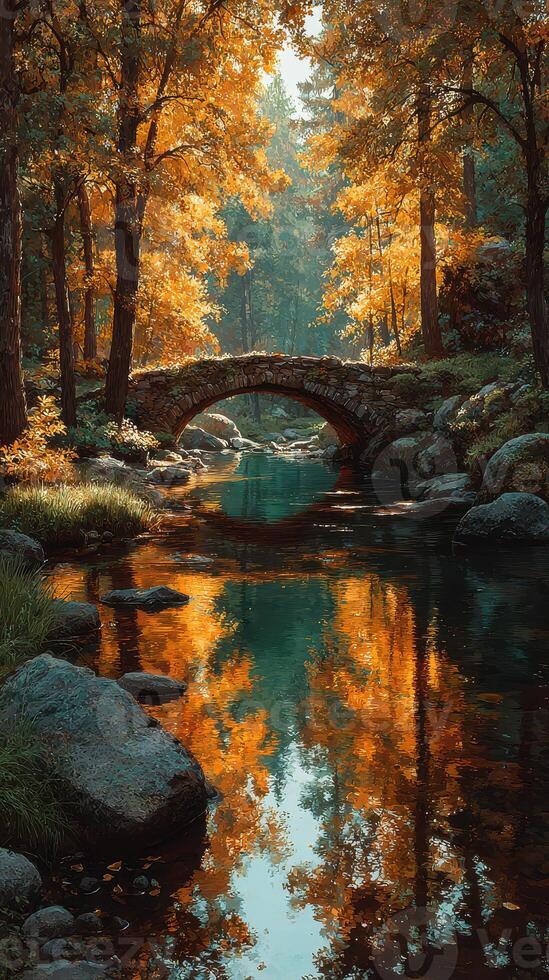 Autumn landscape features a serene stone bridge over a tranquil river surrounded by vibrant fall foliage photo