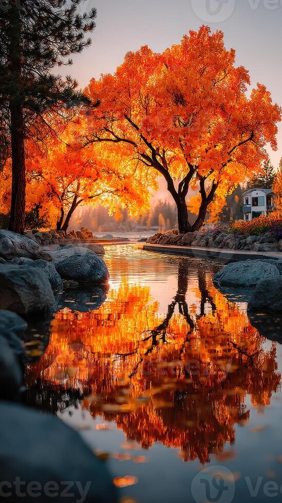 Vivid autumn hues reflected in a tranquil stream surrounded by vibrant trees at sunrise photo