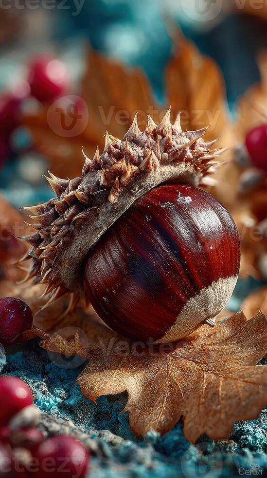 Unique chestnut surrounded by autumn leaves and berries on a textured surface in a natural setting photo
