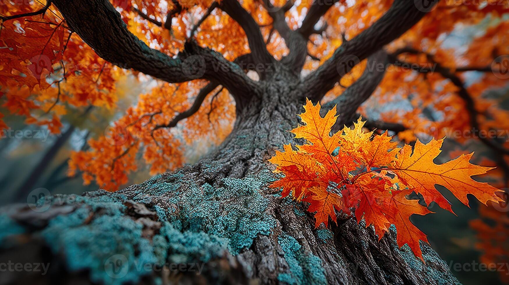 Autumn leaves create a vibrant scene around a massive tree trunk in a quiet forest area during the fall season photo