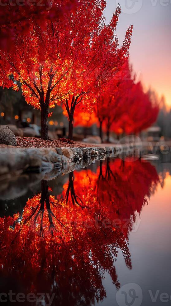 Colorful autumn trees reflecting on serene lake at sunset in a tranquil park setting photo