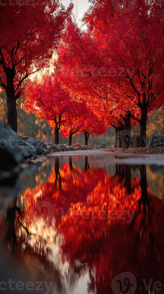 Vibrant autumn landscape with red trees reflecting in calm water at sunset photo