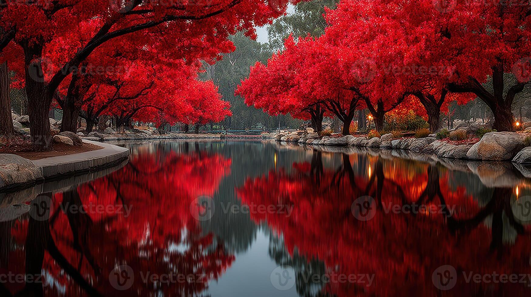 Vibrant autumn trees line a serene pond reflecting bright red foliage in a peaceful park setting photo