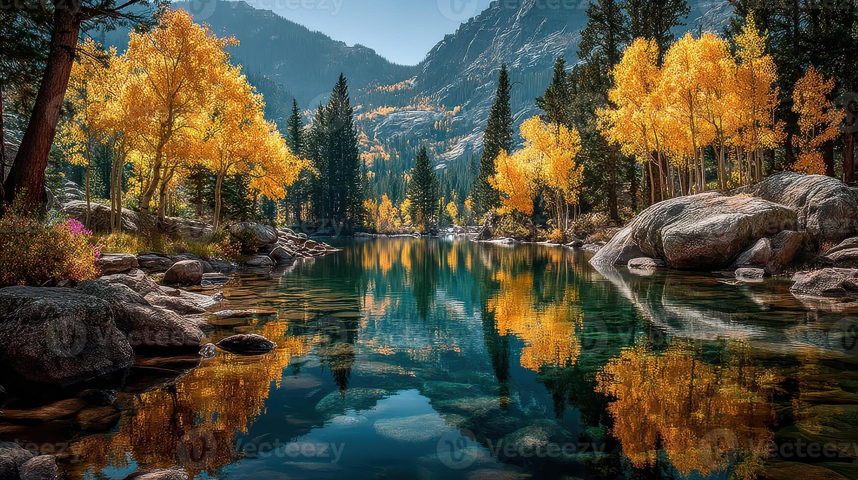Majestic autumn landscape with vibrant orange trees reflecting on calm lake waters at midday in a serene mountain setting photo