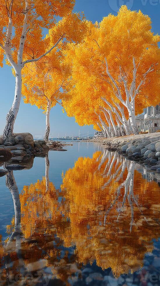 Vibrant autumn trees reflect on calm waters near serene lakeside setting in picturesque location photo