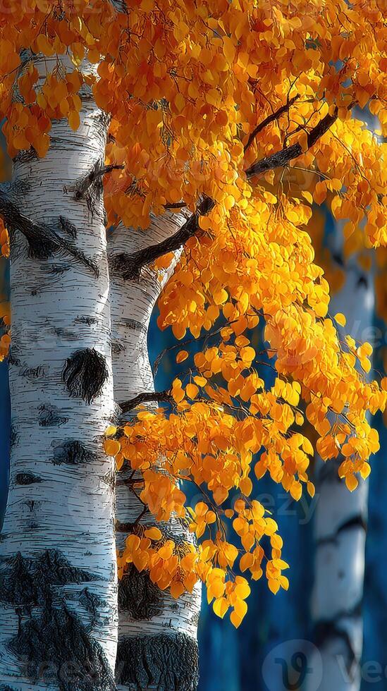 Vibrant autumn leaves adorn birch trees in a serene forest setting during early morning photo