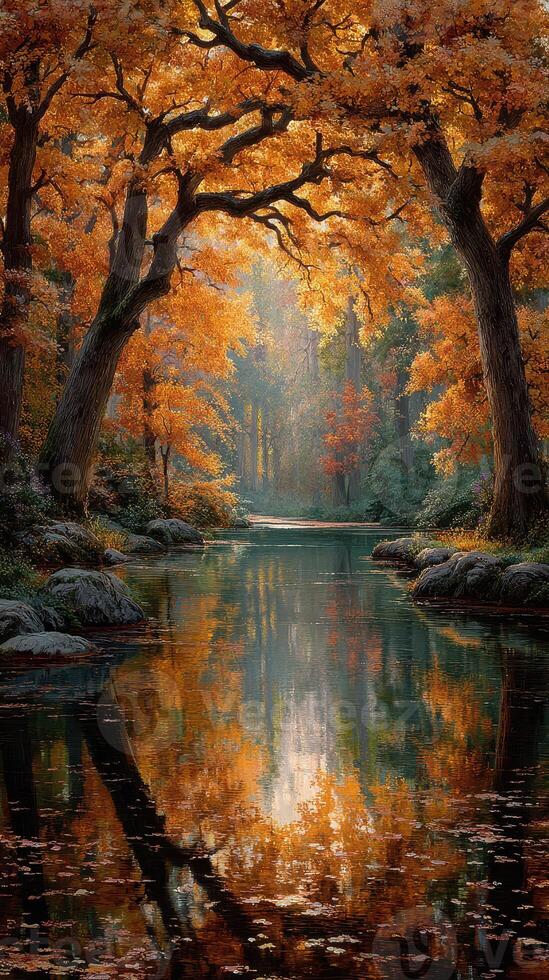Autumn colors reflecting in a serene river surrounded by vibrant trees photo
