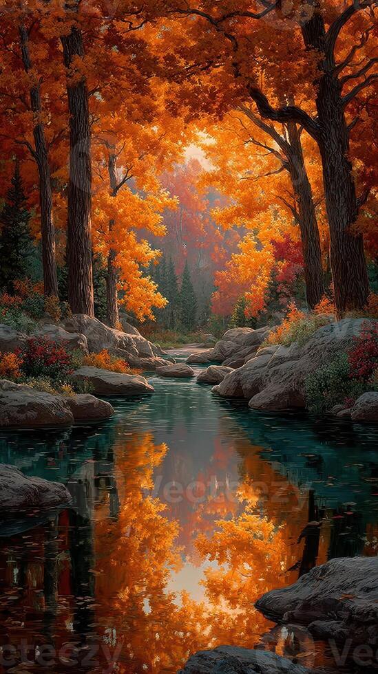 Vibrant autumn forest with deep orange foliage reflecting on a serene stream in a peaceful landscape photo