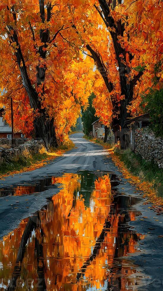 Vibrant autumn colors along a serene country road reflecting in puddles photo