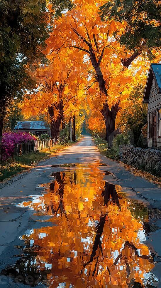 Vibrant autumn colors reflect on a tranquil country road after rain photo