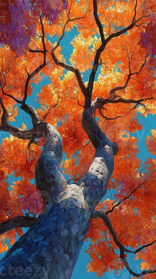 Colorful autumn leaves create a stunning view of a tree against a clear blue sky in a serene outdoor setting during fall photo