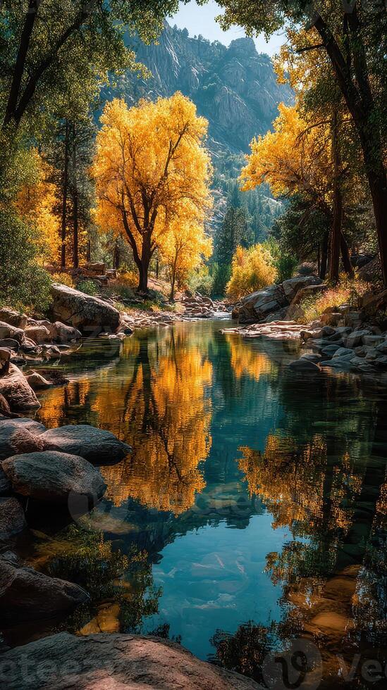 Autumn colors reflect in a serene mountain stream surrounded by vibrant trees photo