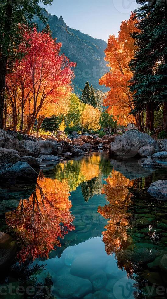 Autumn colors reflect in a tranquil stream surrounded by vibrant trees in a mountainous landscape during sunset photo