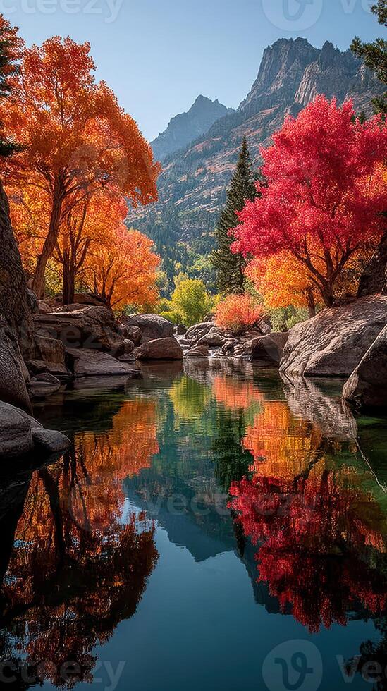 Autumn foliage reflects in calm river surrounded by mountains in a serene natural setting photo