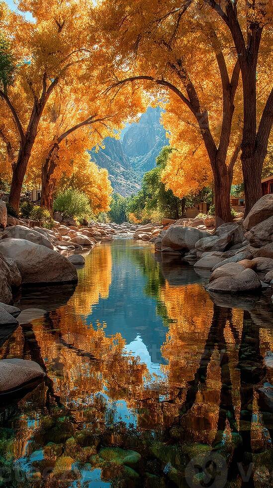 Vivid autumn foliage cast reflections on a tranquil river in a picturesque valley setting photo
