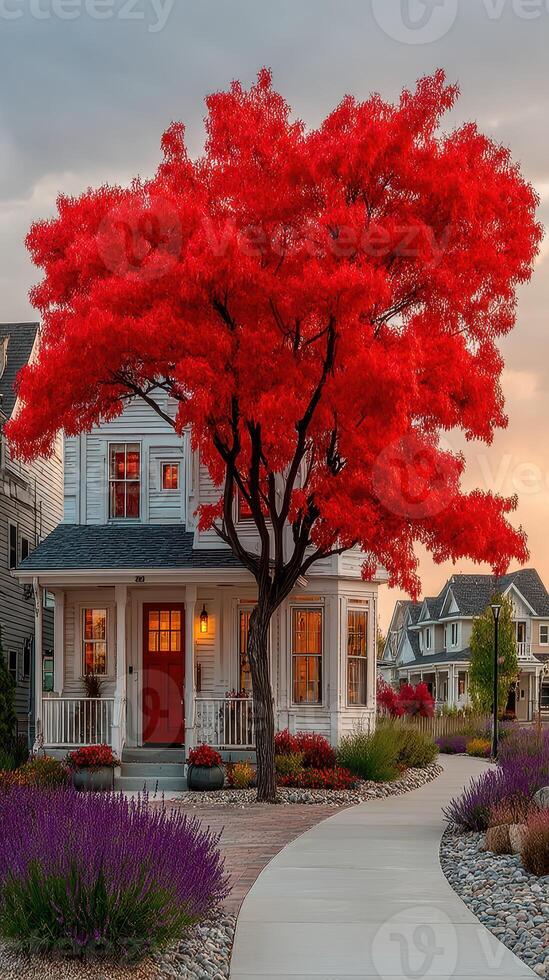 Vibrant autumn foliage frames a charming home with a red tree on a peaceful suburban street during sunset photo