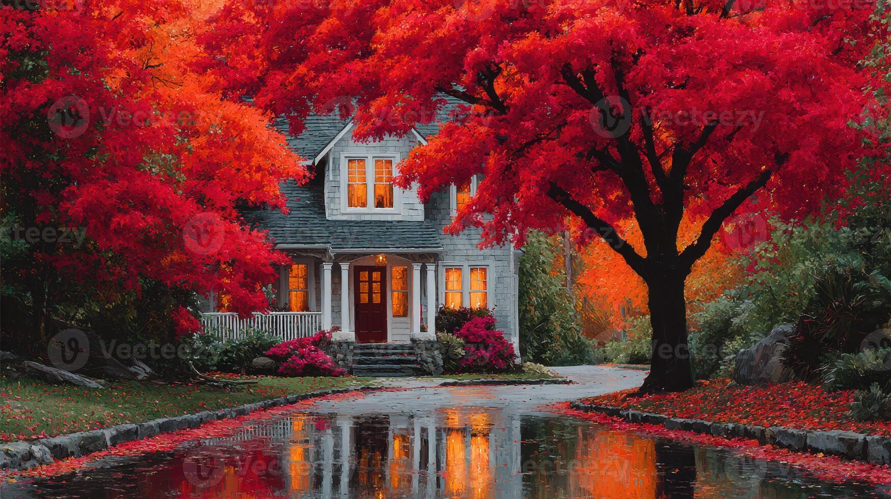 Vibrant autumn scene showcases a cozy house surrounded by fiery red trees and a serene reflective driveway photo